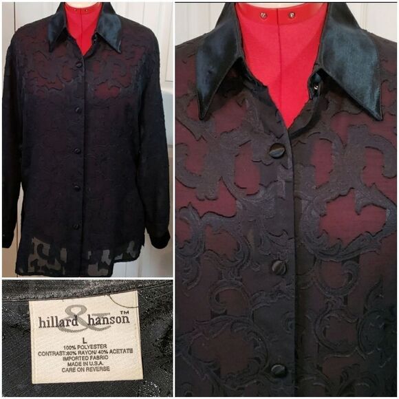 Hillard & Hanson Sheer Black Button Up Top - Picture 1 of 8
